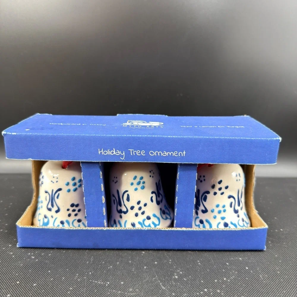 Myth Arts Ceramic Bell Ornaments Set 3 Handpainted Turkey Blue White Holiday NEW